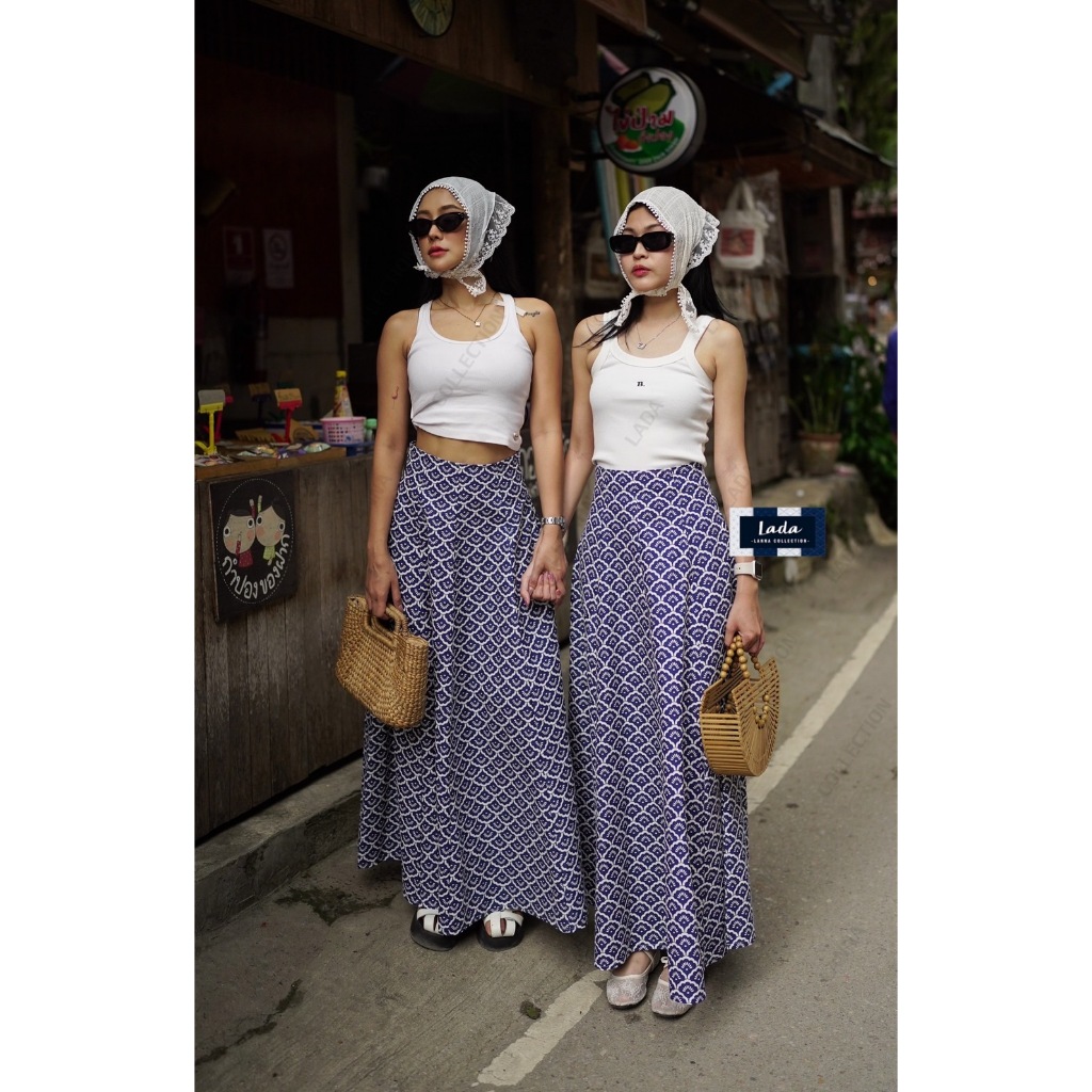 กระโปรงทรง8ชิ้นลายเกล็ดปลางานผ้าฝ้ายพิมพ์ลาย มี 2 V (แค่กระโปรง)