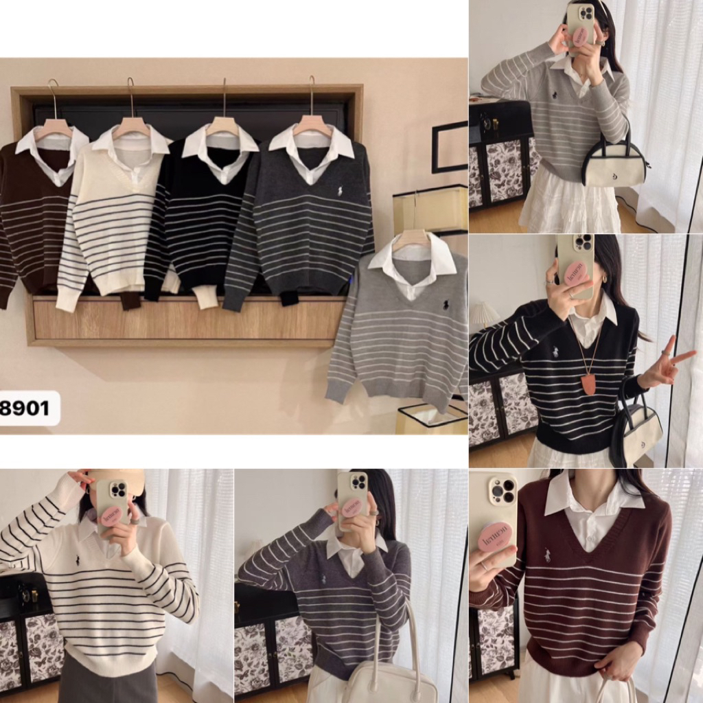 LILY เสื้อไหมพรมแขนยาวผ้าเนื้อดีใส่สบาย แต่งปักลาย ตัดต่อคอปก ทรงน่ารักมาก งานนำเข้า ใส่กับอะไรก็สวยค่า