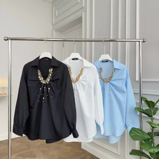พร้อมส่ง‼️ GMG(01) เสื้อเชิ้ตแขนยาว ผ้าคอตตอน ทรงเสื้อคอปก ดีเทลปักเลื่อมสีทองใส เรียงเป็นลวดลายโค้ง