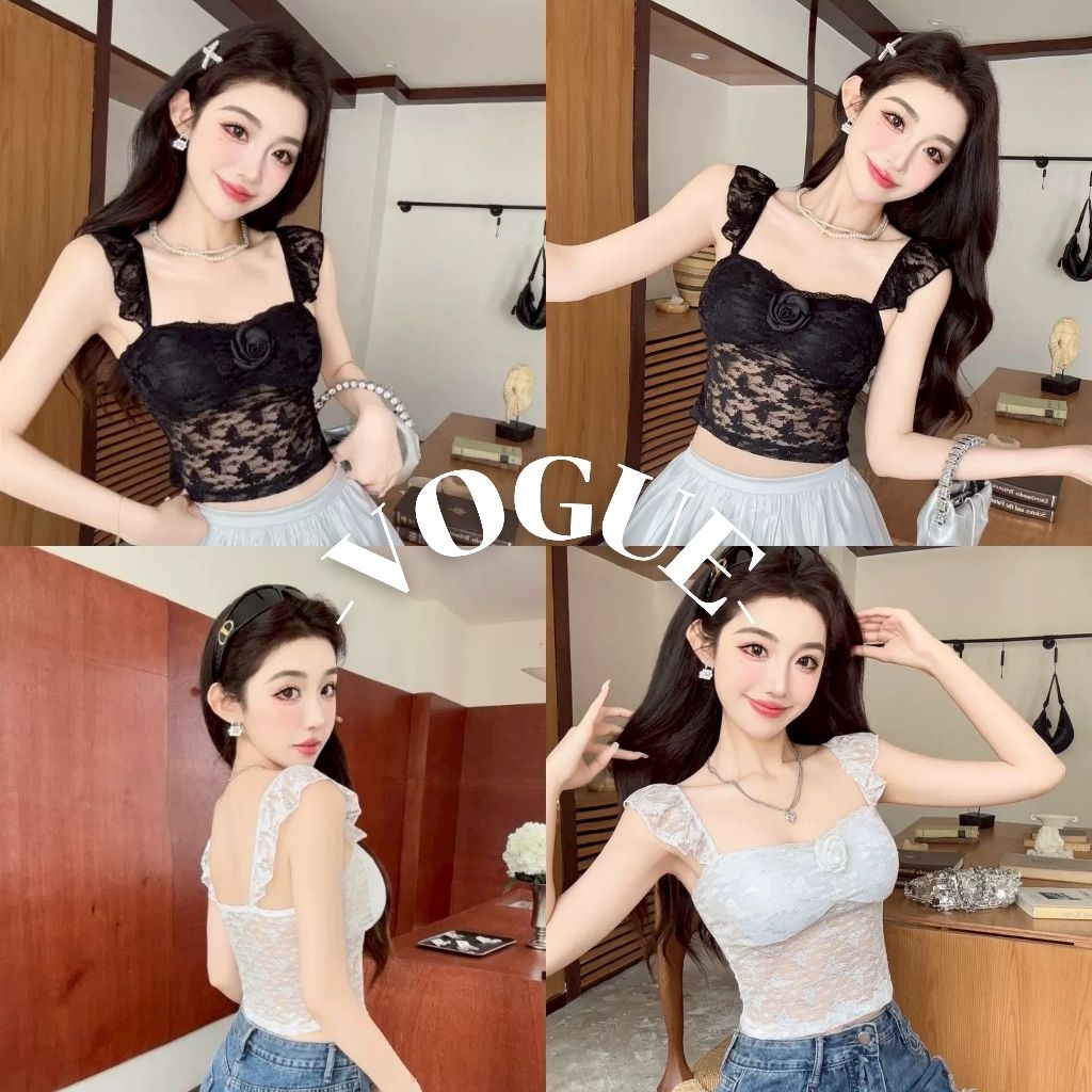 Vogue พร้อมส่ง เสื้อสายเดี่ยว เสริมฟองน้ำ แต่งลูกไม้ ทรงรัดรูป แต่งดอกไม้ (FY810)