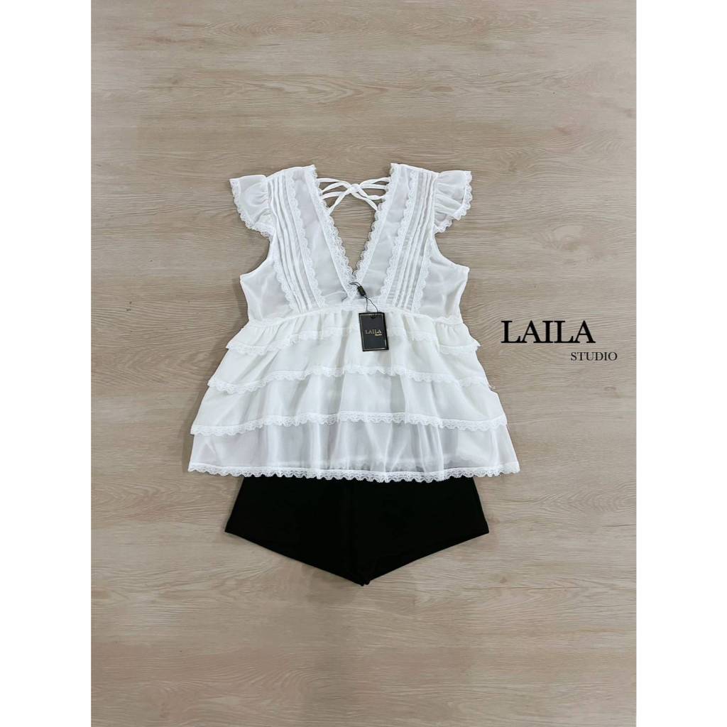 ❥ S-XL ชุดเซ็ท เสื้อชีฟอง + กางเกงขาสั้น สีขาวดำ ลายจุด งานป้าย Laila ชุดเซตน่ารัก ชุดไปคาเฟ่ - รูปที่ 2