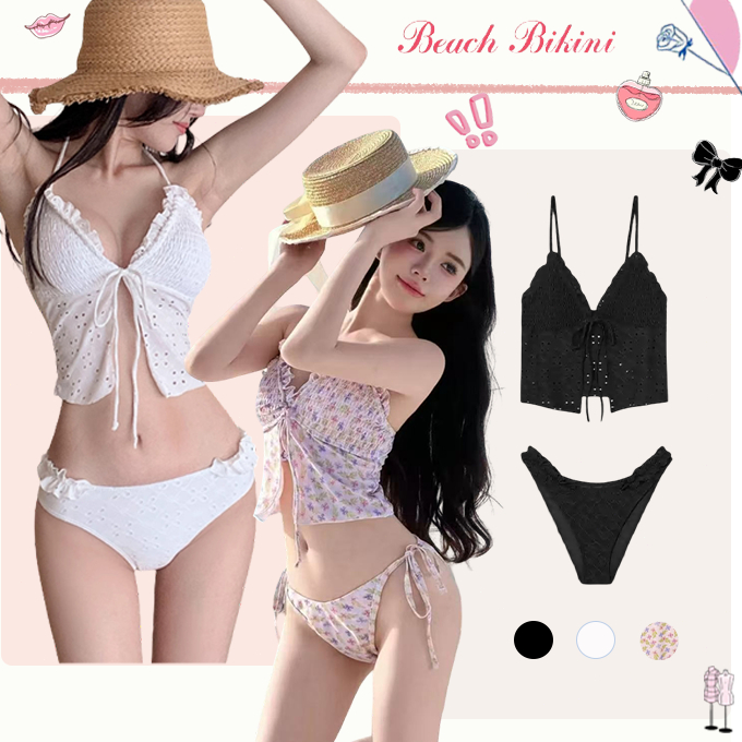 💗Beach Bikini💗ชุดบิกินี่ 2 ชิ้น ชุดว่ายน้ำผู้หญิง เสื้อกั๊กเล็ก ดีไซน์โปร่ง ระบายอากาศ summer