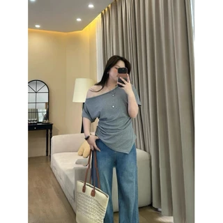 CiCi Plus+(J2198) เสื้อปาดไหล่สีพื้น ผ้าเรยอน จั้มเอว ดีเทลแต่งปลายเฉียงข้างเก๋ไม่ซ้ำใคร สไตล์สาวพลัสไซส์