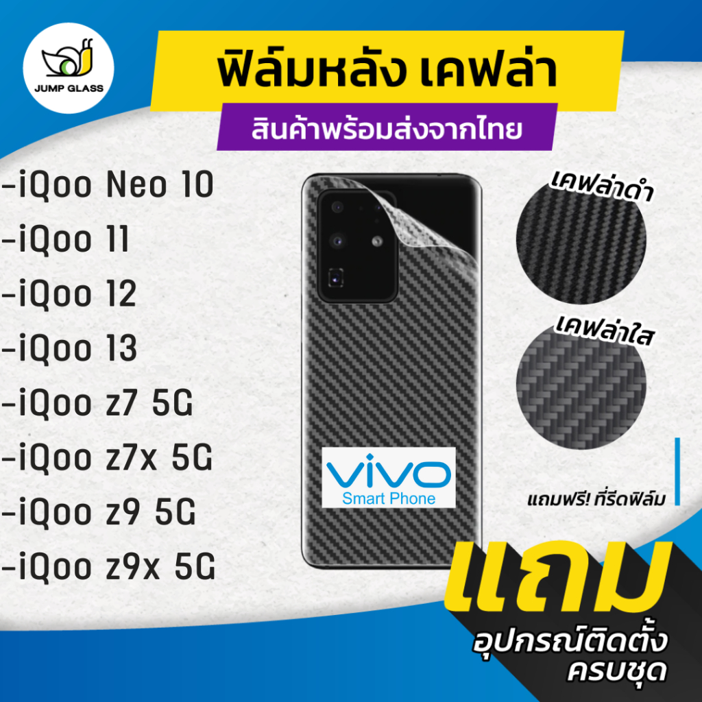 ฟิล์มหลังเคฟล่า รุ่น Vivo iQoo Neo 10, iQoo 11, iQoo 12, iQoo 13, iQoo z7 5G, iQoo z7x 5G, iQoo z9 5