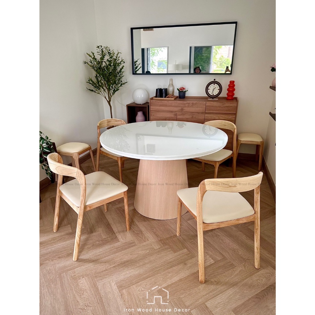 VENEER ASH TABLE + POPIE CHAIR ชุดโต๊ะอาหารไม้ยางพารา โต๊ะหมุน โต๊ะกลมสไตล์มินิมอล luxury โต๊ะกินข้า