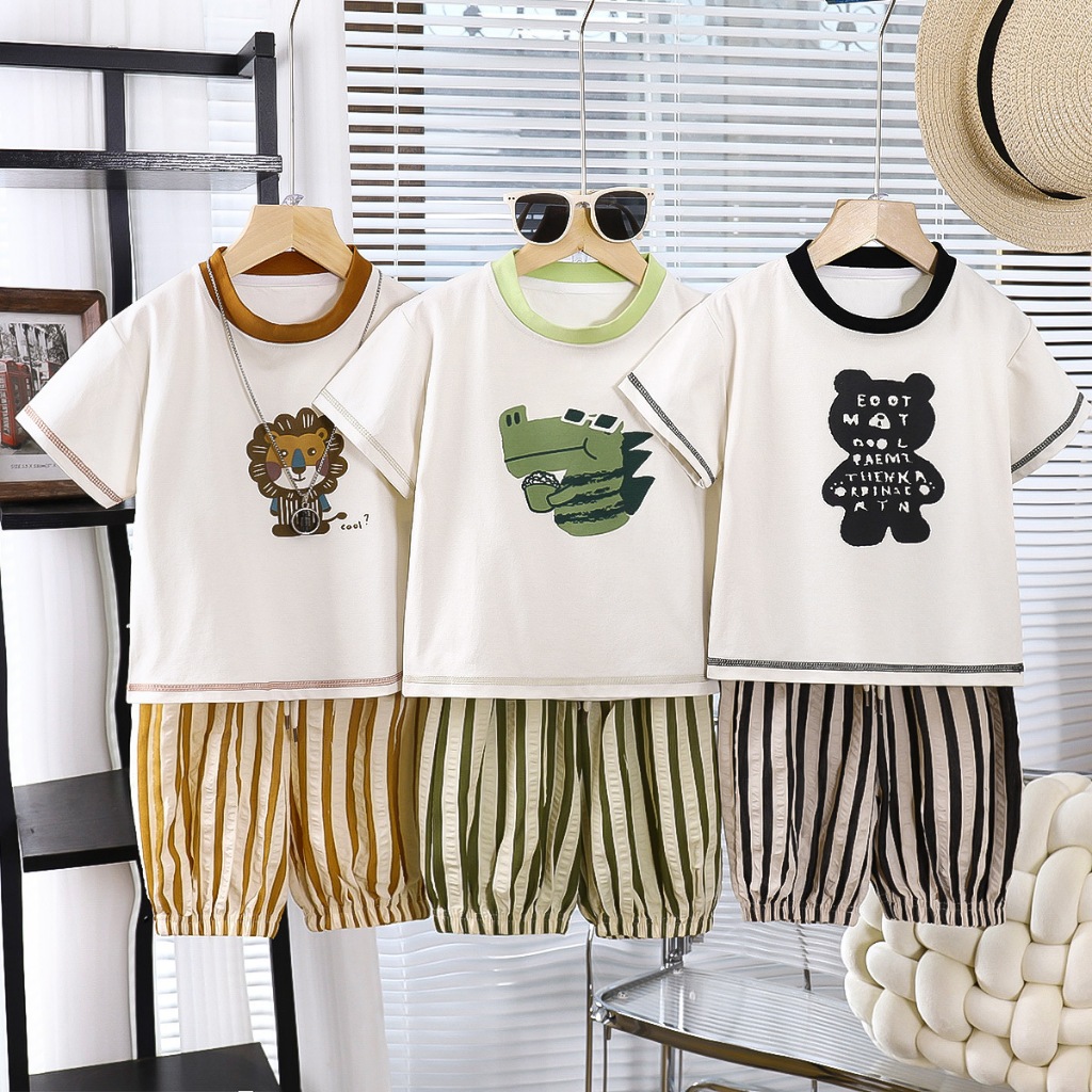 💘พร้อมส่งจากไทย ชุดเซ็ต เสื้อแขนสั้น กางเกงขาสั้งปลายขาจั๊มยางยืด สไตล์เกาหลี เหมาะสำหรับเด็กอายุ 1-8 ปี สูง 80-140 ซม.