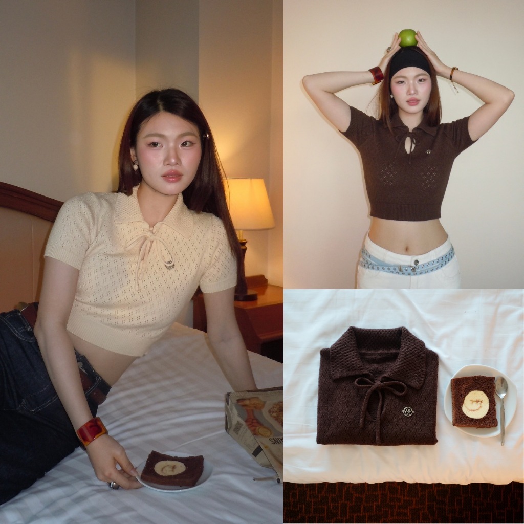 (พร้อมส่ง) MUSTNIMAL |  BISCUIT KNIT CROP เสื้อไหมพรมผูกโบว์ ลายฉลุทั้งตัวเสื้อและปกเสื่อ ผ้าหนานุ่ม ใส่ง่ายสบาย