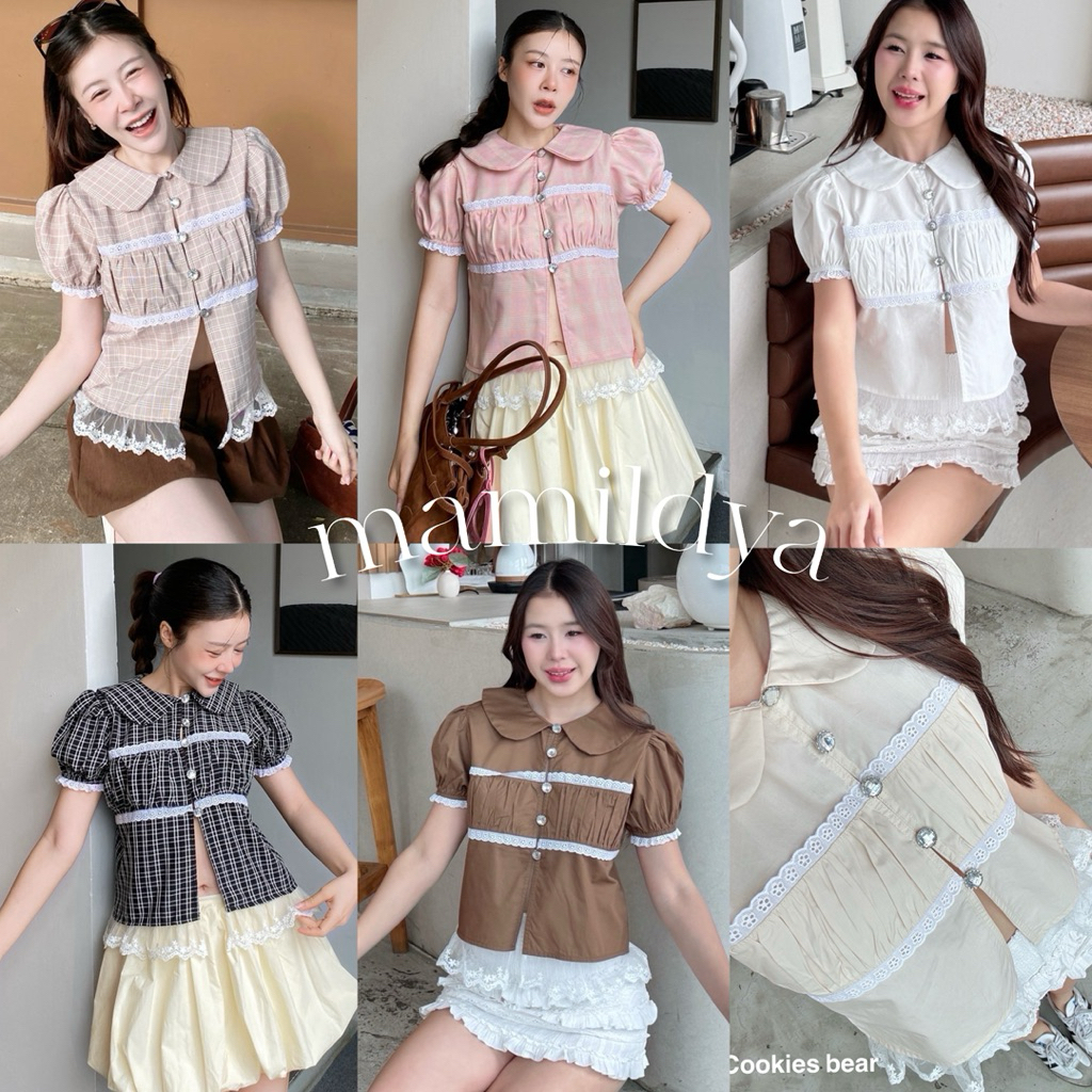 🌟Mamildya.shop🌟 เสื้อเชิ้ตแขนสั้นคอบัวทรงแขนตุ๊กตา/ J1-3/COOK-บัวลอน⚫