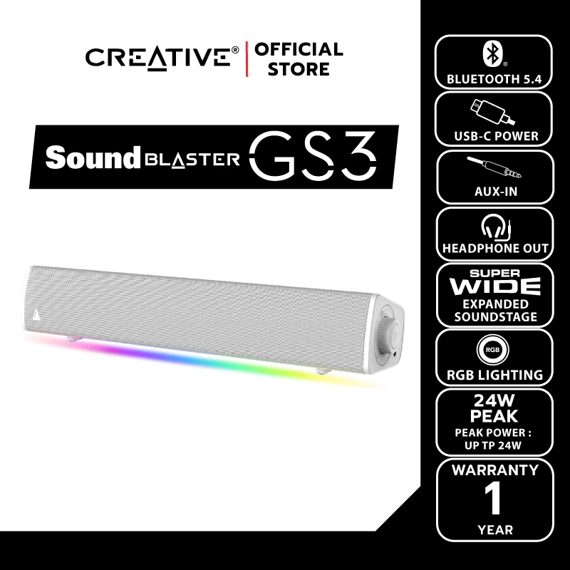 CREATIVE SPEAKER Sound Blaster GS3  สีขาว ลำโพงเกมมิ่งซาวด์บาร์พร้อมไฟ RGB พลังเสียง SuperWide™ technology