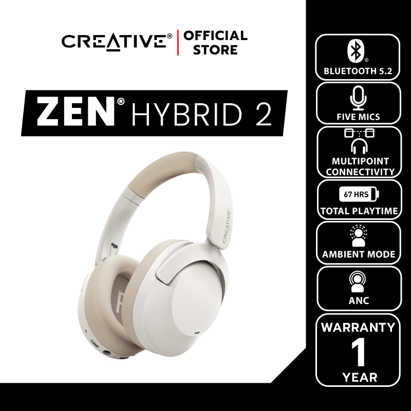 CREATIVE หูฟัง Zen Hybrid 2 หูฟังไร้สายในแบบ Over-ear พร้อมด้วย Hybrid ANC (สีครีม)