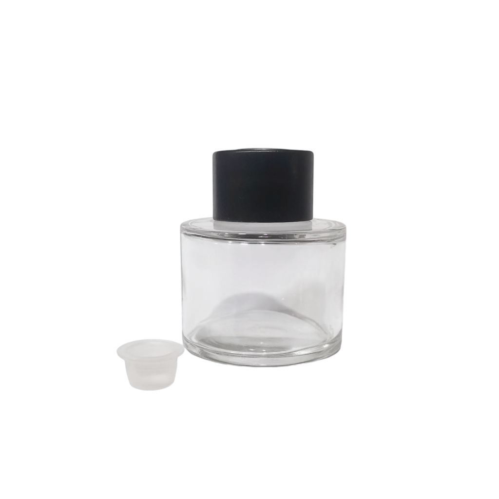 ขวดแก้วก้านไม้กระจายกลิ่น ขวดเปล่าใสพร้อมฝาไม้สีดำและจุกปิด Diffuser Bottles 100 ml.