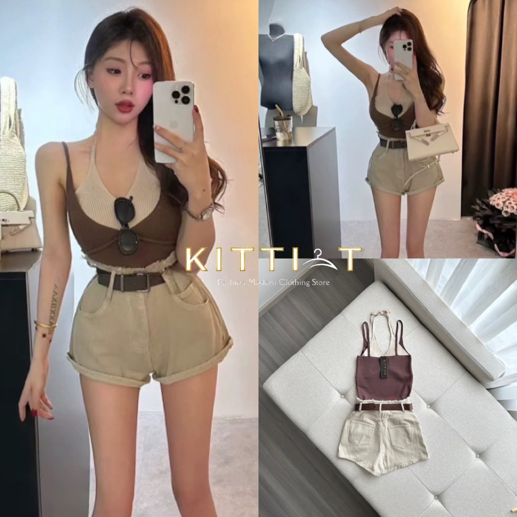 KT754 KITTI-T BRAND Set 3 pcs เสื้อสายเดี่ยวลูกเล่นสายผูกคล้องคอ + กางเกงยีนส์ขาสั้น + เข็มขัด [2PM]