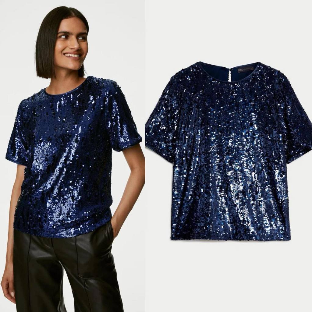 MARKS & SPENCER Sequin Top เสื้อแขนสั้นปักเลื่อมทั้งตัว ผ้าเนื้อนิ่มเนื้อผ้ายืดหยุ่น ใส่สบายผ้าไม่คัน สีสดใส ทรงดี แมทซ