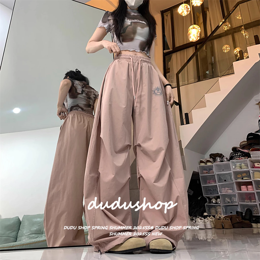 [Summer quick-drying fabric jazz dance wide-leg pants]กางเกงขากว้าง 2025 ฤดูร้อน ลำลอง สตรีทแดนซ์ เทรนด์กางเกงกีฬาสีดำ