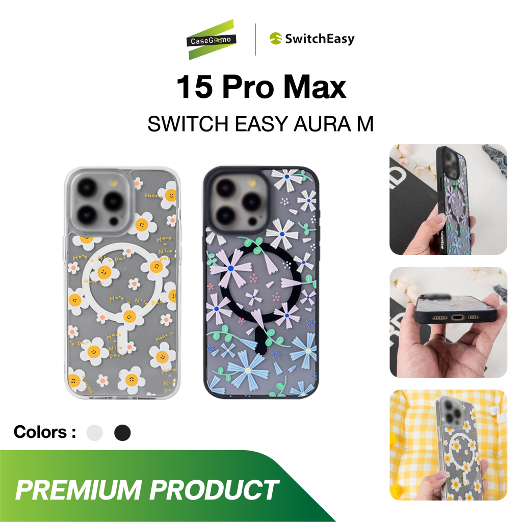 Switch Easy รุ่น 15PM เคสใส เคสสกีนลาย เคสชาร์จได้ เคสลายดอกไม้ ขอบสีดำ สีขาว Aura M Printed Mag Cas
