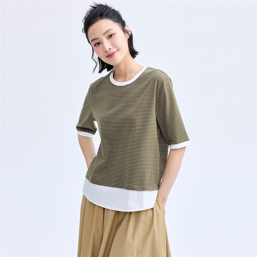 GIORDANO (Online Exclusive) เสื้อยืดผู้หญิง Women's Cotton stripe tee 13324210 B1