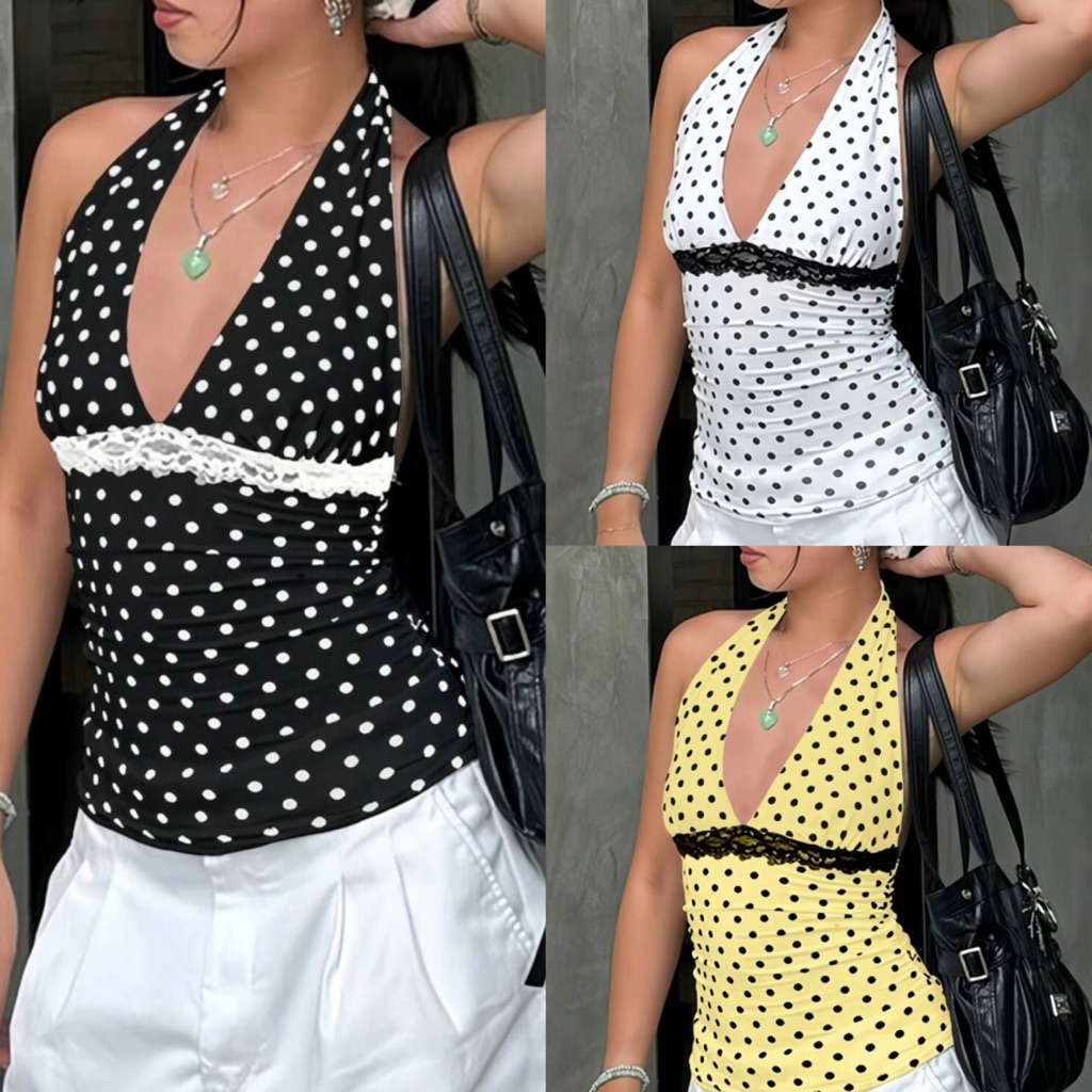INAWLY เสื้อกล้ามลายจุดสำหรับผู้หญิง คอวีตกแต่งด้วยลูกไม้