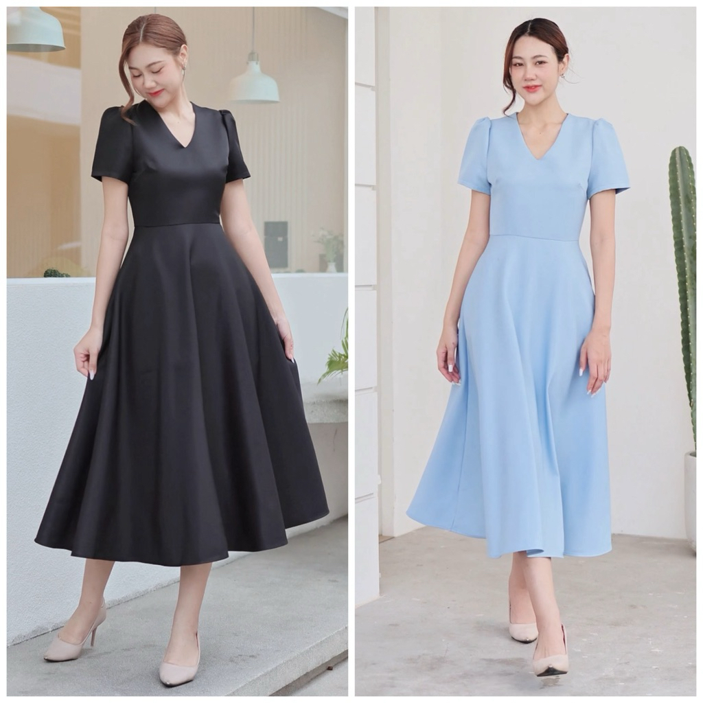LX8117  Dressคอวี แขนสั้น กระโปรงบาน Midi dress เรียบหรู ชุดไปงานแต่ง ชุดออกงาน เดรสเพื่อนเจ้าสาว [LUXURY707]