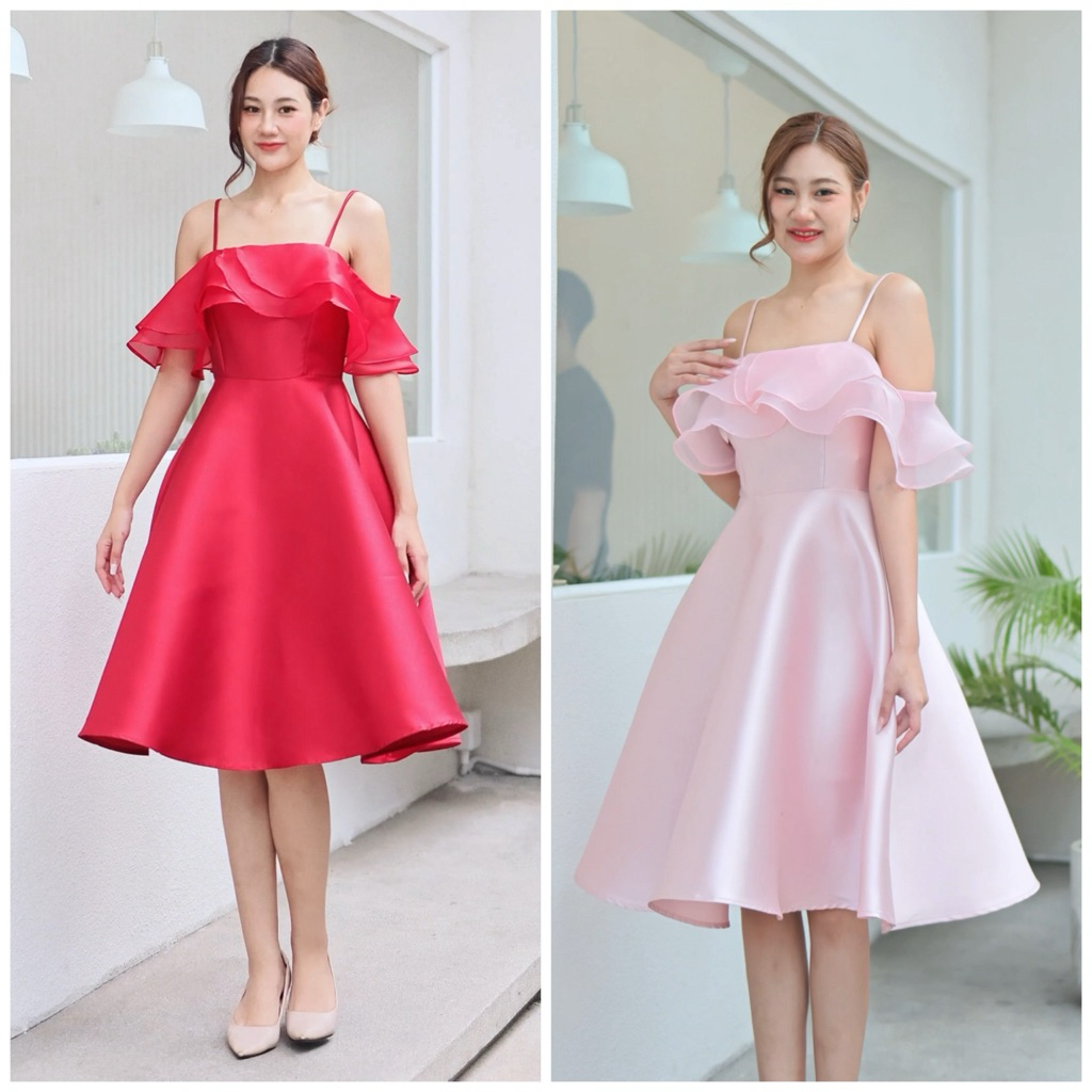 VG0162  สายสปาเกตตี้ แต่งผ้าแก้ว ชุดไปงานแต่ง ชุดออกงาน เดรสเพื่อนเจ้าสาว [LUXURY707]