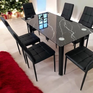 [ATR123] โต๊ะกินข้าว ดำหินอ่อน กระจกนิรภัยหนา8มม (150x80cm=6ที่นั่ง) (130x80cm4ที่นั่ง) สินค้าไม่รวมประกบ