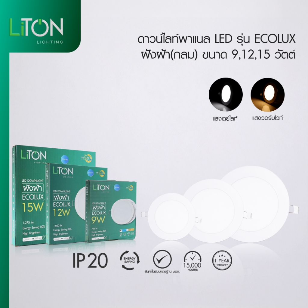 LiTON โคมดาว์นไลท์ พาแนล LED รุ่น ECOLUX 9W,12W,15W ขอบขาว