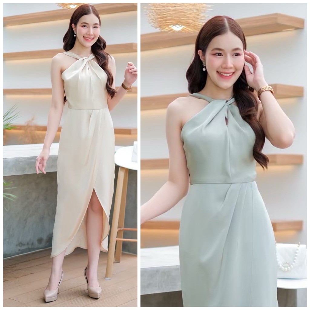 LX1204  Dress คล้องคอ กระโปรงทิวลิป ชุดไปงานแต่ง ชุดออกงาน เดรสเพื่อนเจ้าสาว [LUXURY707]