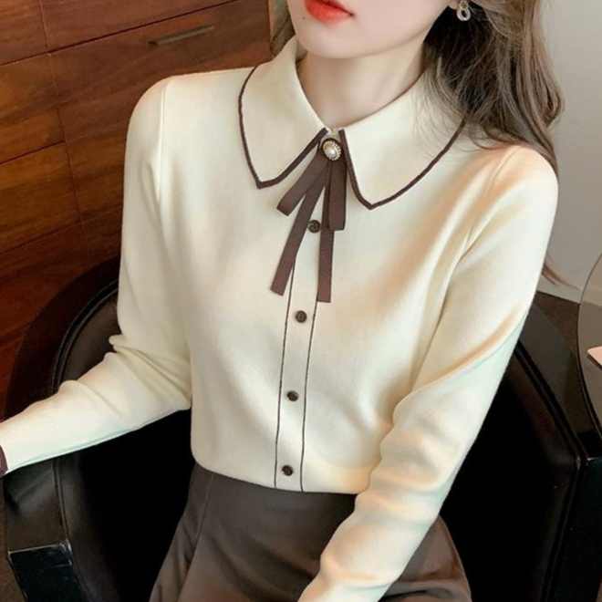 (เเถมฟรีสร้อยคอ) เสื้อเเคนดิเเกนเเต่งโบว์เเขนยาว มี 4 สี เเตงกระดุมคอปก สำหรับสาวเกาหลีทำงานออฟฟิต