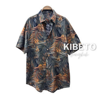 Kibeto เสื้อฮาวาย ลายใบไผ่แหลม สีเทาดำ ผ้าสปันเรยอน เนื้อนิ่…