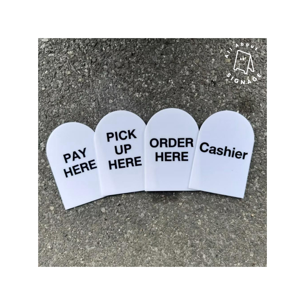 ป้ายอะคริลิคตั้งโต๊ะ + ฐานไม้ ป้าย PICK UP HERE / Cashier / ORDER HERE / PAY HERE ป้ายมินิมอล