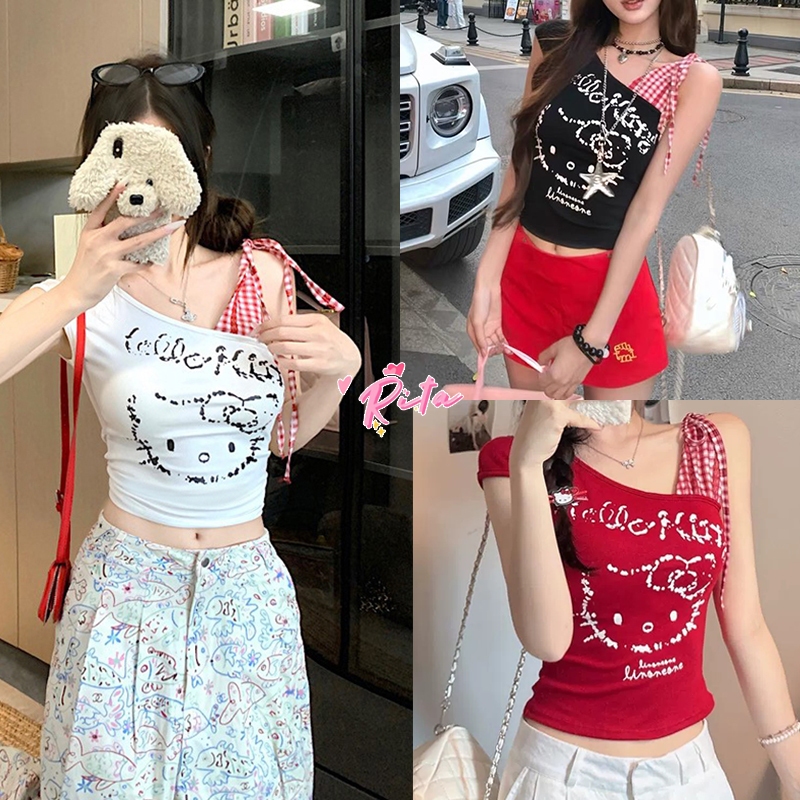 Rita พร้อมส่ง🍒เสื้อยืดผู้หญิง ครอป แขนสั้น ดีเทลแต่งไหล่ชีฟองลายจุด เสื้อแขนสั้นปาดไหล่ข้า งเดี่ยวน่ารัก ผ้านิ่มใสสบาย