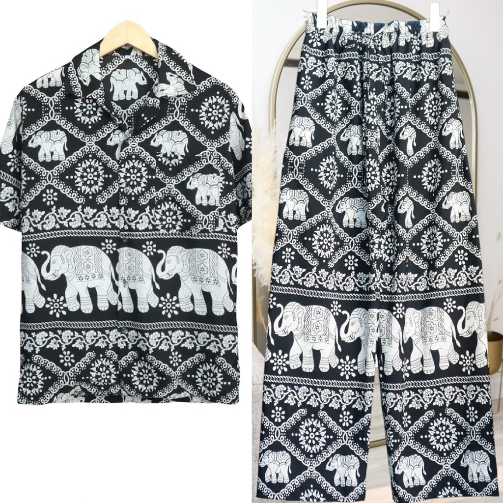 INTERชุดเสื้อฮาวายกางเกงช้าง(ลายช้างโซ่) 🐘ชายหญิงใส่ได้ ผ้านิ่มใส่สบาย พร้อมส่งจากเชียงใหม่