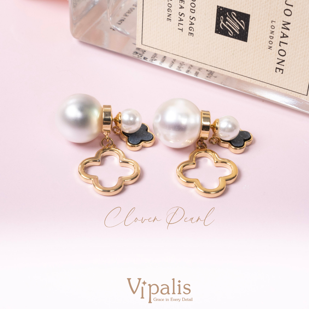Vipalis ต่างหูมุก Clover Pearl ดีไซน์หรู ประดับมุก และจี้โคลเวอร์สีทอง พร้อมส่ง