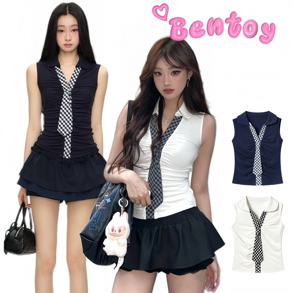 Bentoy(8K191)เสื้อแขนกุดไหมพรม คอปกหน้าวี แต่งเน็คไทลายสก็อต พรางหุ่นดูแพง