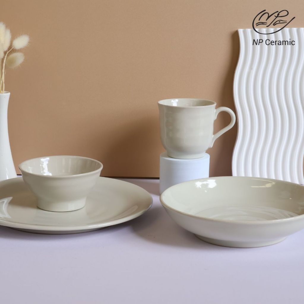 [ลดสูงสุด 80%] NP Ceramic จานเซรามิค ถ้วยเซรามิค สีครีมเงา