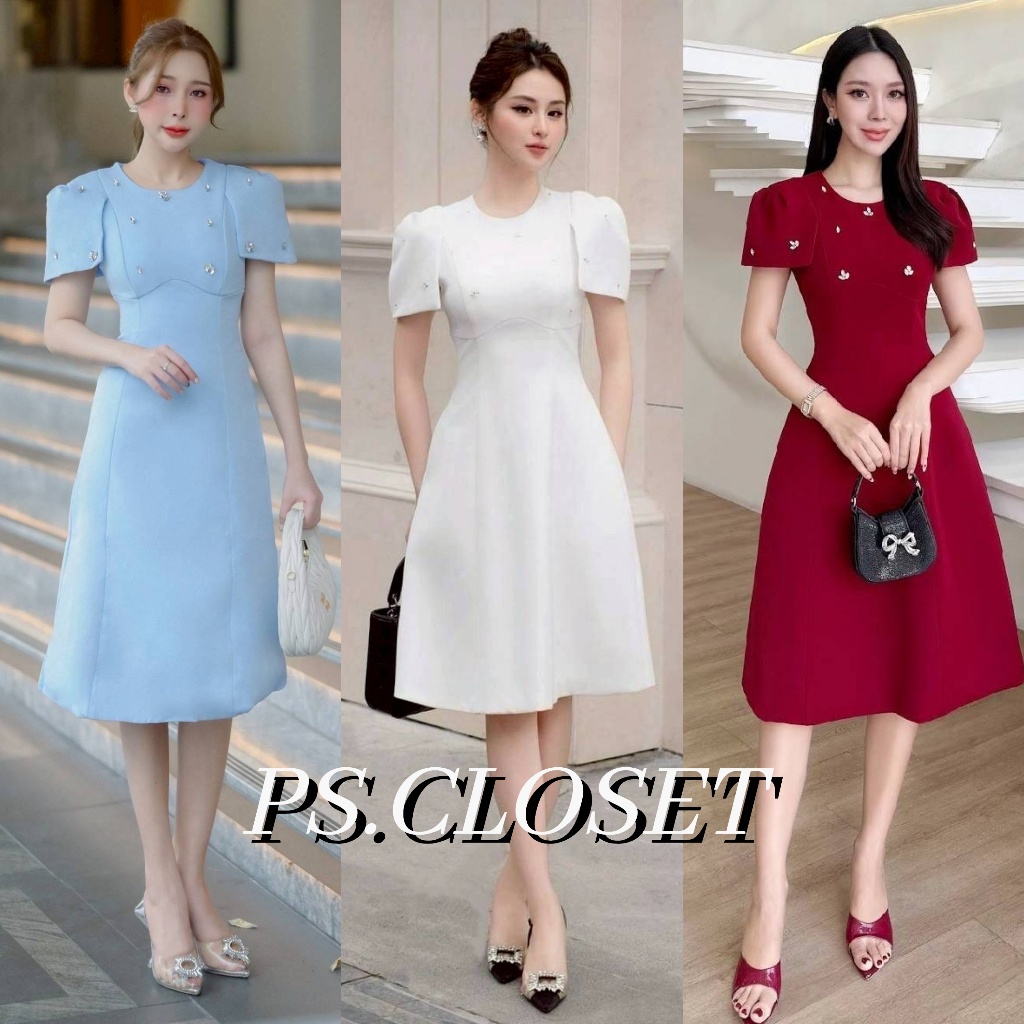 📍พร้อมส่ง 📌 Rattana 26 เดรสสีขาว ฟ้า แต่งเพชรที่หน้าอกและแขนเสื้อ ใส่ออกงาน งานบุญ งานบวช วันแม่