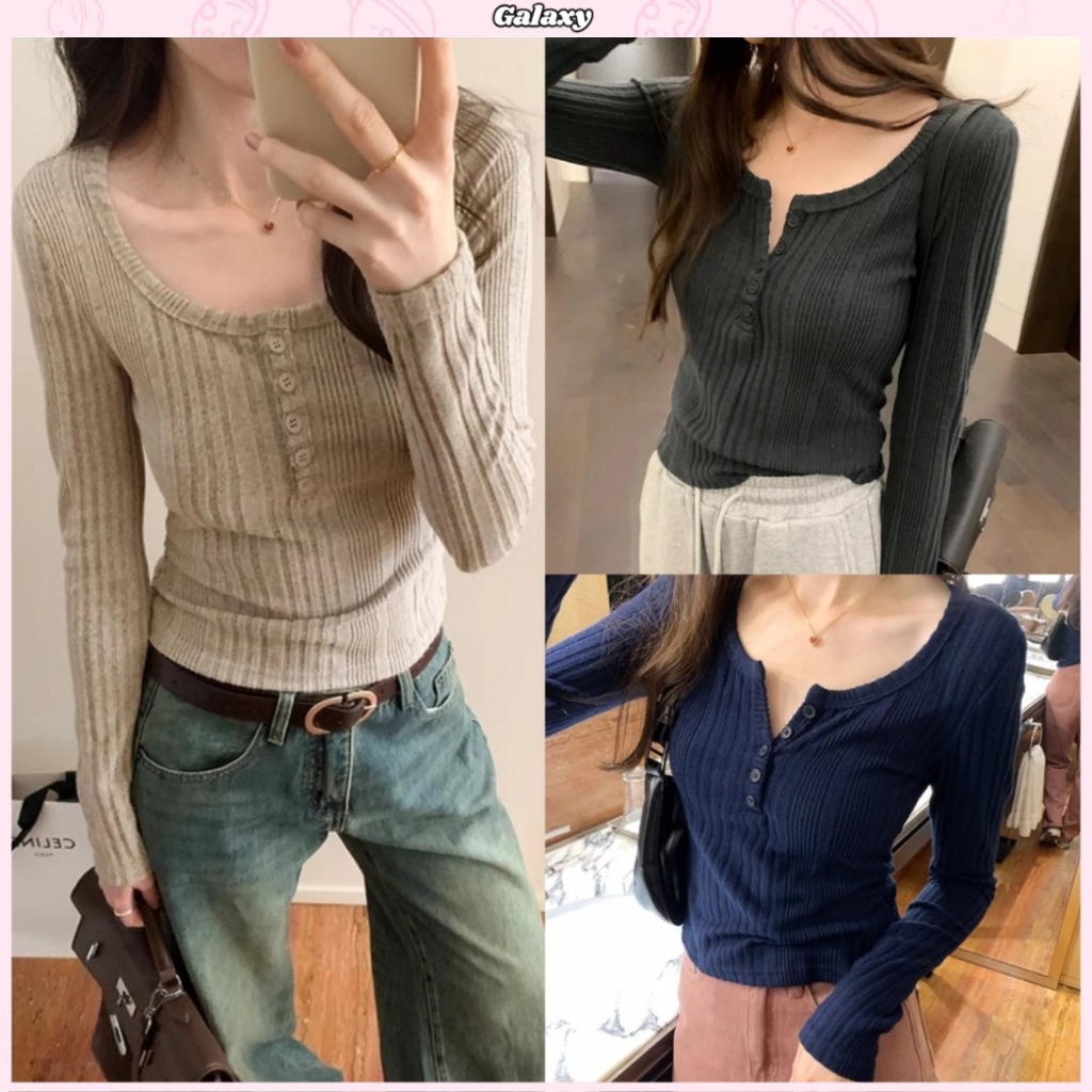 เสื้อยืดผู้หญิง เสื้อผ้าถัก ทรงเข้ารูป สไตล์ออลแมทช์ สีพื้น สไตล์เกาหลี #020345