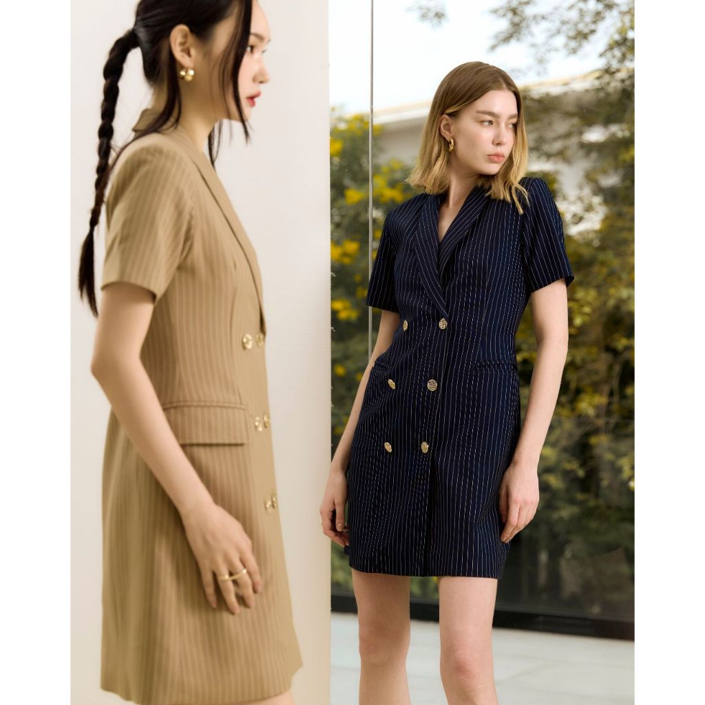 MAVE เดรสรุ่น Nora dress สี Navy pinstripe,Golden brown pinstripe