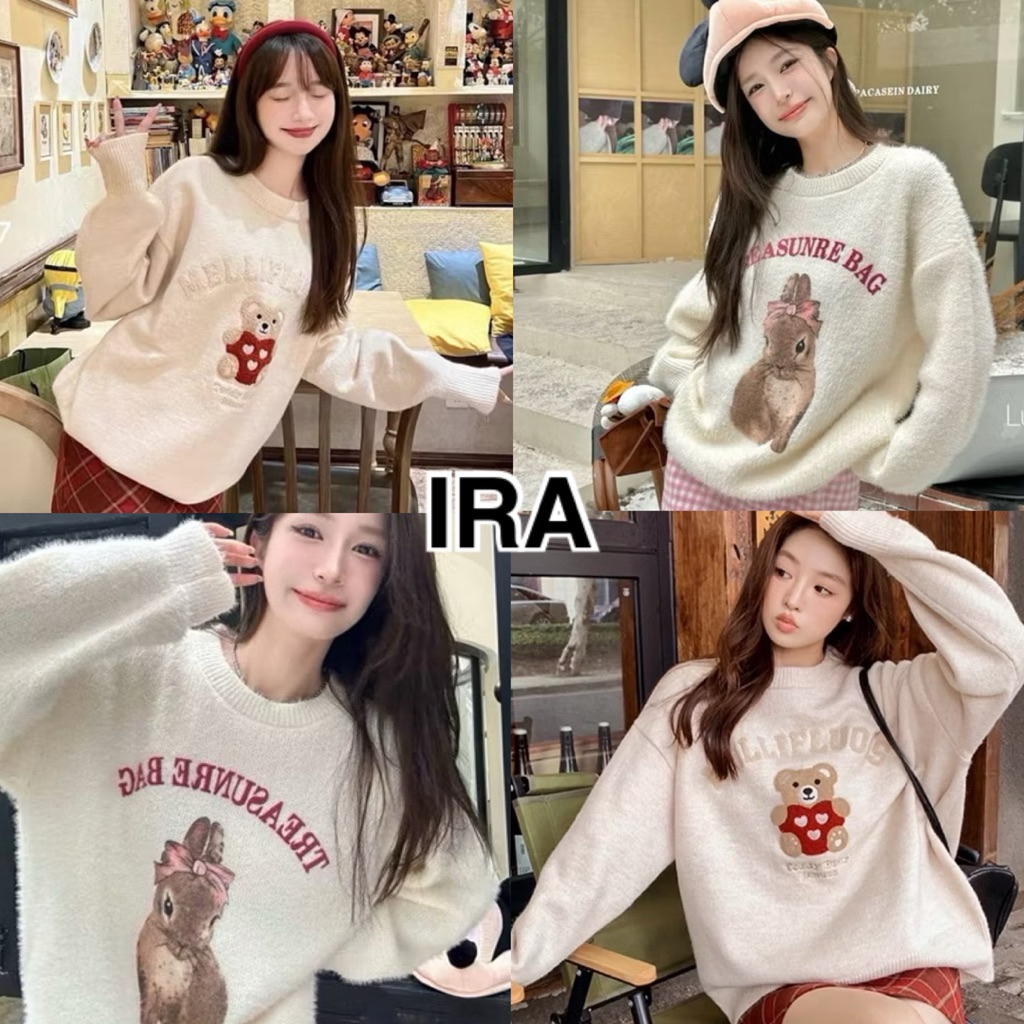 BY IRA (81210) ☃️Rabbit brow Sweater รับลมหนาวสเวตเตอร์น่ารักๆ+กระโปรงลายสก็อตสีหวาน ขายแยกนะคะต.บช