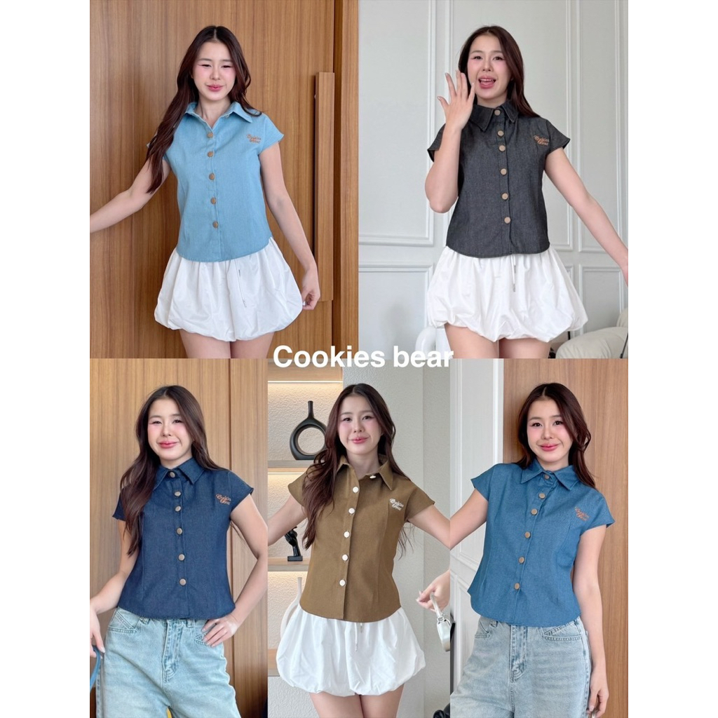 Cookies Bear🧸 new เสื้อเชิ้ตยีนส์ชายโค้งแขนสั้น ผ้ายีนส์เนื้อหนา ทรงใหม่เข้าเอว กระดุมปั๊ม งานปัก