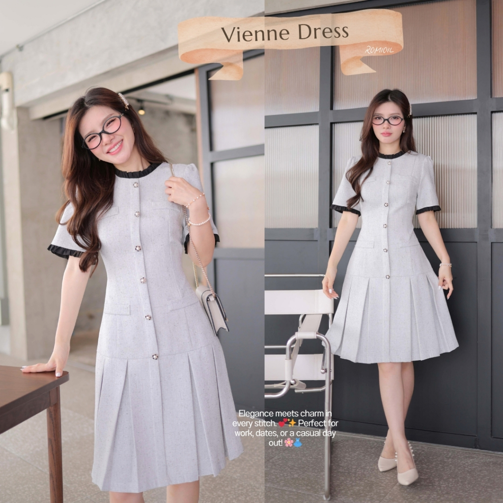 “Romi”Oil” Vienne Dress (Gray) K213 ชุดเดรสสีเทา (แต่งกระดุมดอกไม้กระโปรงพลีท) ราคา ถูกที่สุด ดีลบีเคเค รูปภาพหลัก