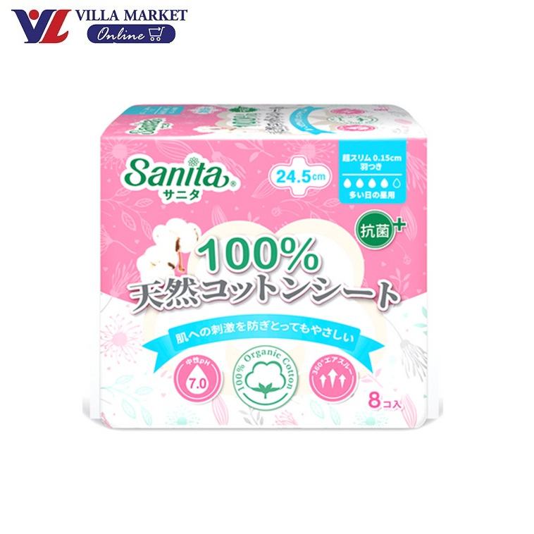 (1แถม1 ถึง 20พฤศจิกายน) ผ้าอนามัย ผิวหน้าสัมผัสฝ้ายบริสุทธิ์ Sanita Organic Cotton Slim 24.5cm 8ชิ้น