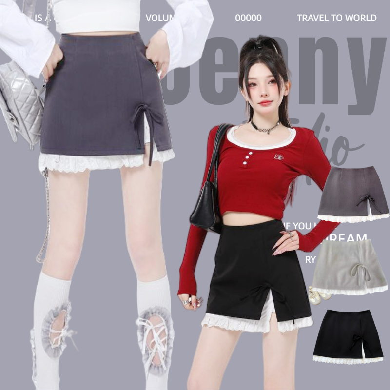 Jenny พร้อมส่ง กระโปรงสั้นผู้หญิง โบว์ด้านหน้าแต่งลูกไม้ ทรงเอเอวสูง ดีเทล2ชั้นเก๋ๆ สีพื้น สไตล์ลำลองมีซับใน เข้ารูป งาด