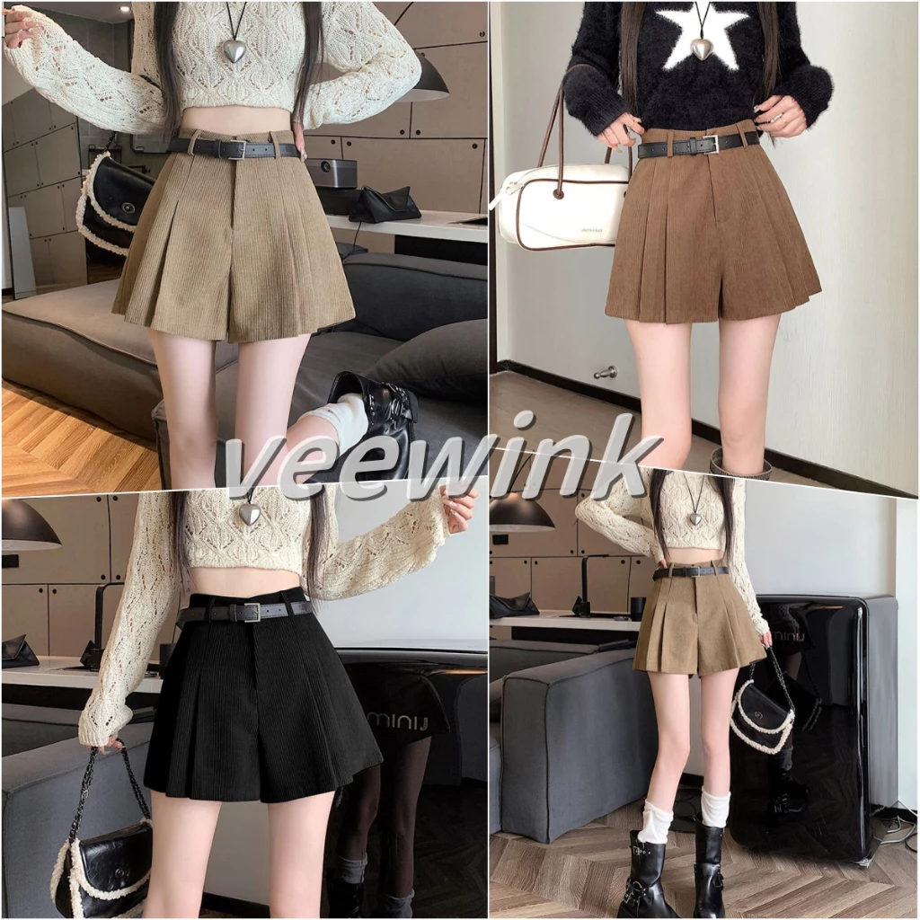 Veewink พร้อมส่งจากกทม กระโปรงพลีทสั้น กางเกงขาสั้น เอวสูง สีโมโนโครม เซ็กซี่ แฟชั่นสําหรับผู้หญิง ดีไซน์แนวเกาหลี