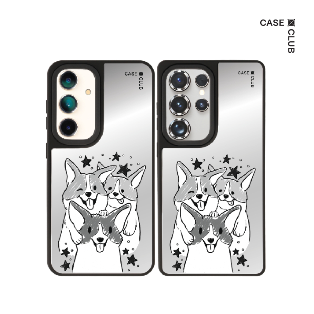 CaseClub เคส ซัมซุง เคส Samsung เคส กระจก ลาย Corgi Trio สำหรับ Galaxy S25 Ultra / S25 / S24 Ultra /
