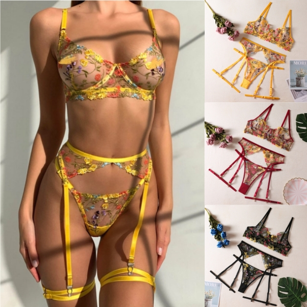 ชุดชั้นในเซ็กซี่ ตาข่ายมองทะลุได้ งานปักดอกไม้ เสื้อชั้นใน  ชุดยั่ว มี 3 สีให้เลือก