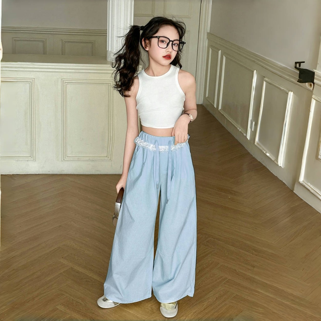 2-16 ปี แฟชั่น สไตล์เกาหลี กางเกงคาร์โก้เด็กผู้หญิง กางเกงขายาวลําลอง กางเกงขากว้าง มีเชือกผูกที่เอว - รูปที่ 2