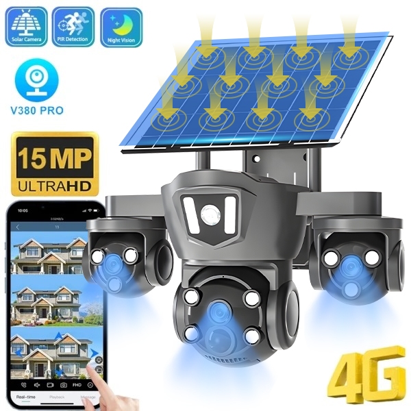 tdl กล้องวงจรปิดโซล่าเซลล์ V380 Pro 4G 3กล้อง3ภาพ พลังงานแสงอาทิตย์กล้อง15MP HD Night Vision กล้องวง