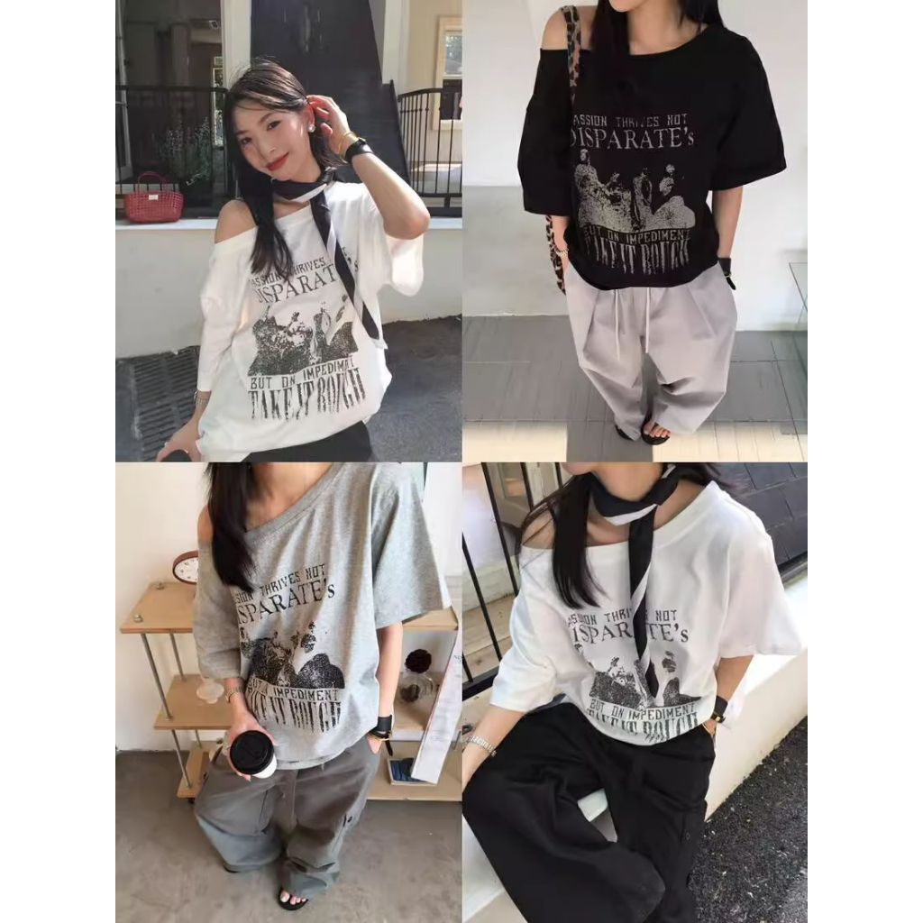 เสื้อปาดไหล่แขนสั้นผู้หญิง เหมาะสำหรับ สาวอวบใส่ได้ ใส่ชิวชิว ผ้านิ่ม สไตล์​เกาหลี สวมใส่สบาย คอกว้าง เสื้อยืดวินเทจ