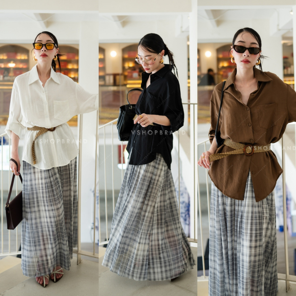 2282-2 Set เสื้อเชิ้ตผ้าพื้นและกระโปรงยาวผ้าพื้น + เข็มขัดสาน งานป้าย vshopbrand