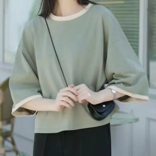 เสื้อครอปสาวอวบอ้วนไซส์ใหญ่ สีพื้น oversize เสื้อผ้าแฟชั่นวัยรุ่นน่ารัก เสื้อยืดสวยๆผู้หญิงฤดูร้อนใหม่ แขนห้าส่วน สีทู thumbnail 3